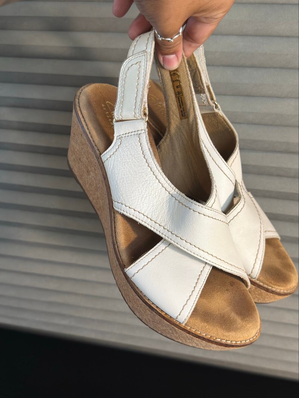 Clarks Artisan White Leather Cork Wedge Sandals Slingback Comfort Women’s 9
